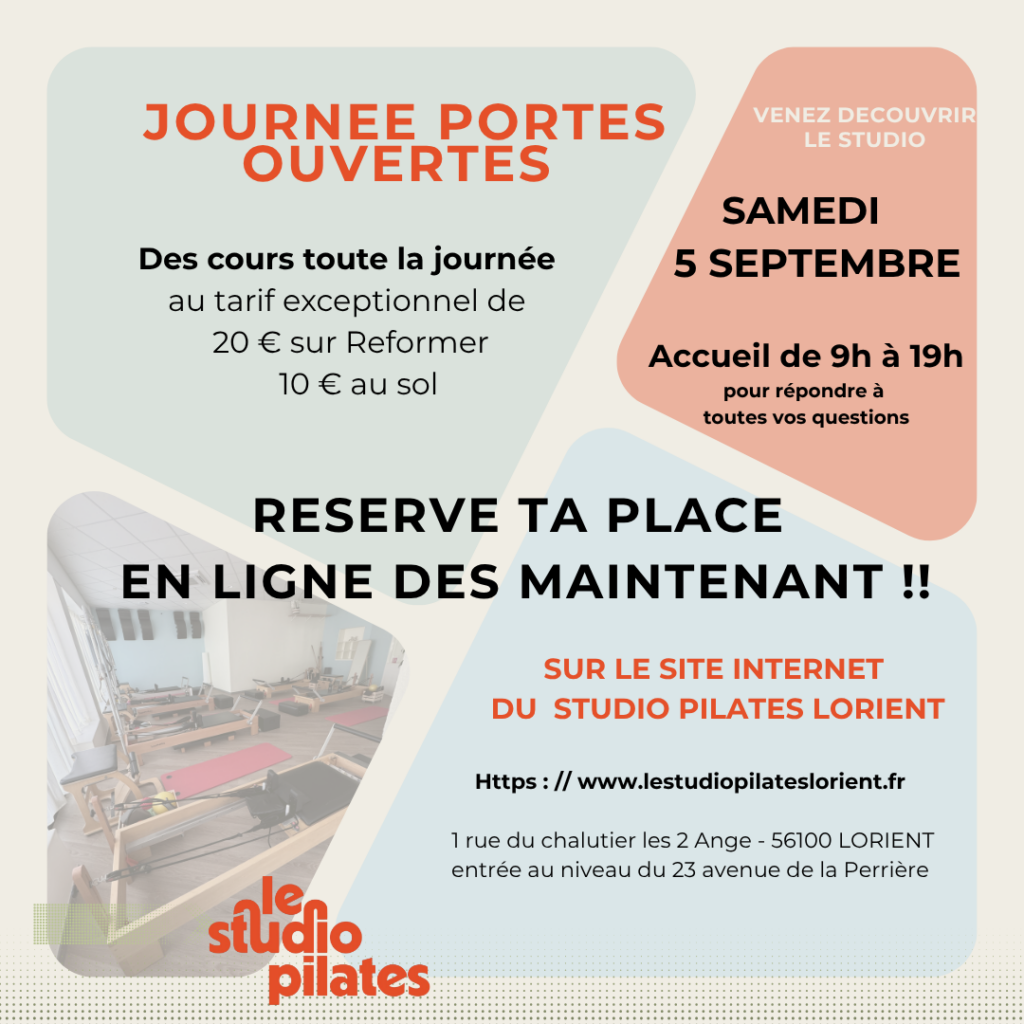 Flyer promotionnel pour la journée portes ouvertes au Studio Pilates Lorient le 5 septembre 2026, avec détails sur l'événement et contact.