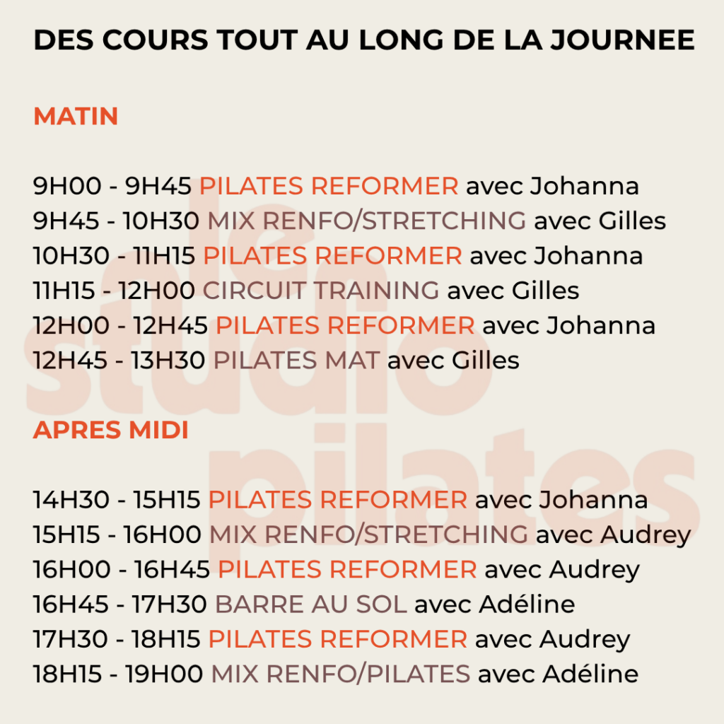Salle de Pilates au Studio Pilates Lorient, cours pour tous niveaux, séances de renforcement et stretching, Pilates reformer, circuit training, barre au sol.