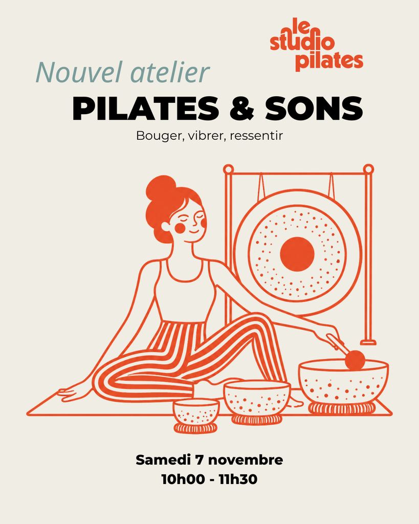 Affiche promotionnelle pour le nouvel atelier Pilates & Sons au Studio Pilates Lorient, avec une illustration d'une femme pratiquant le Pilates.